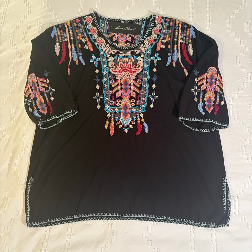 NWT Bohemian Mexican Embroidered Peasant Top Black Rayon Tunic Colorful M